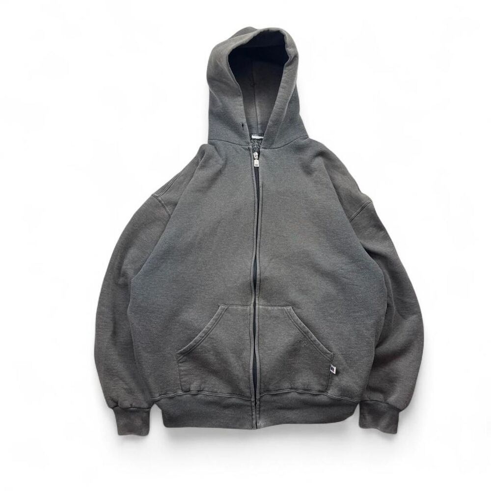 Vintage Faded Grey Russell Athletic Blank Zip-Up Hoodie Size XL/XXL
